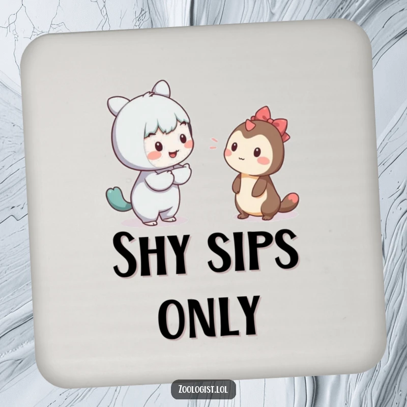 Funny drink coaster with a character gently trying to communicate with a shy creature, perfect for subtle humor.