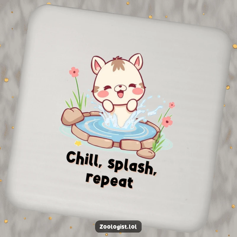 Funny drink coaster with a cute animal character joyfully splashing water from a small pond, with small water droplets depicted.