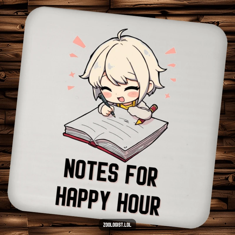 Funny drink coasters with a character scribbling furiously in a notebook, protecting surfaces with writing humor. A unique gift.