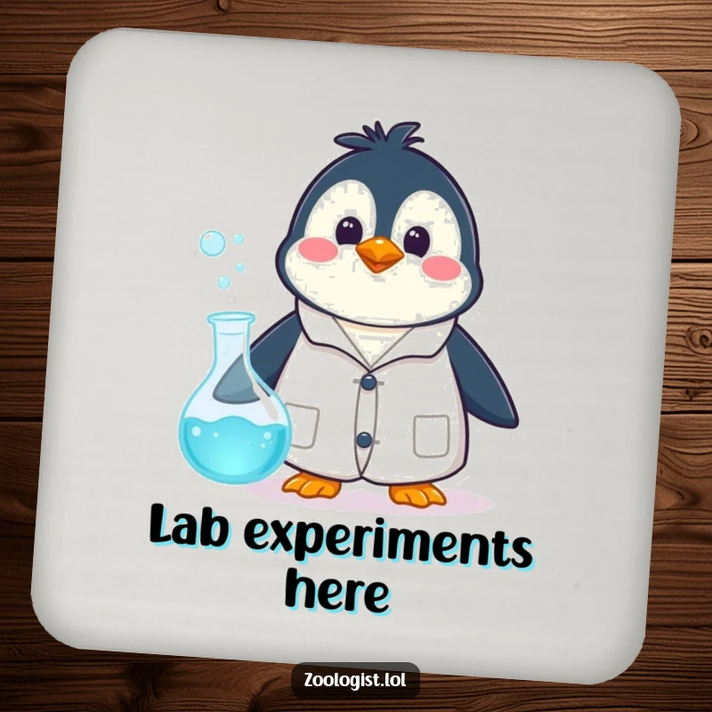 Funny happy penguin character in a lab coat, surprised by a bubbling beaker, on a drink coaster for table protection.