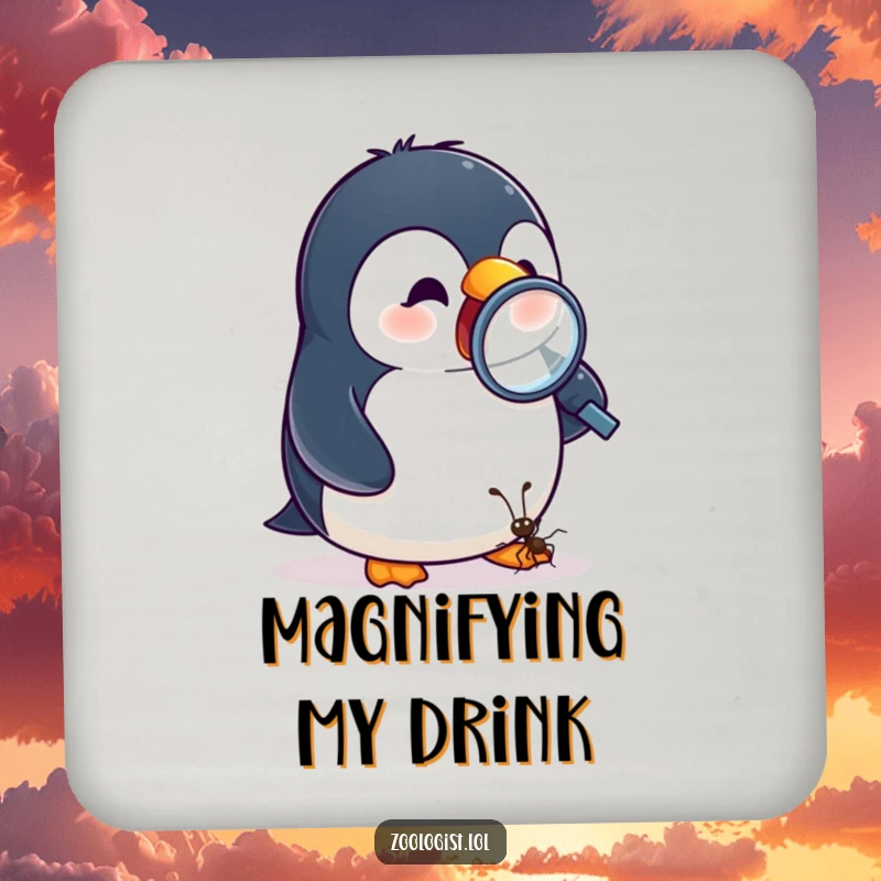 Funny coaster set with an excited penguin observing a tiny ant with a magnifying glass, adding arctic charm.