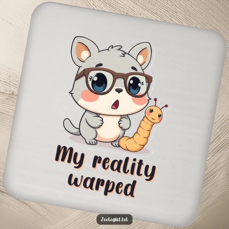 Funny drink coasters featuring a surprised animal character observing a worm wearing tiny spectacles, adding a humorous element to table settings.