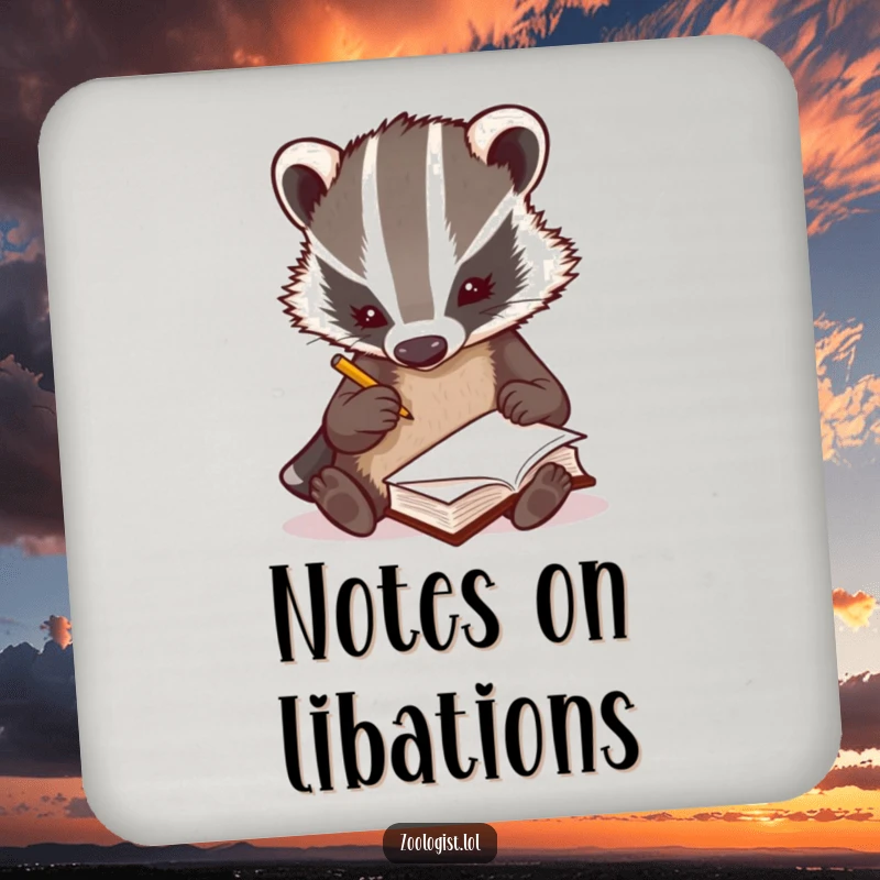 Funny curious badger zoologist scribbling notes rapidly in a tiny book, protective drink coaster, research humor, perfect funny gift.