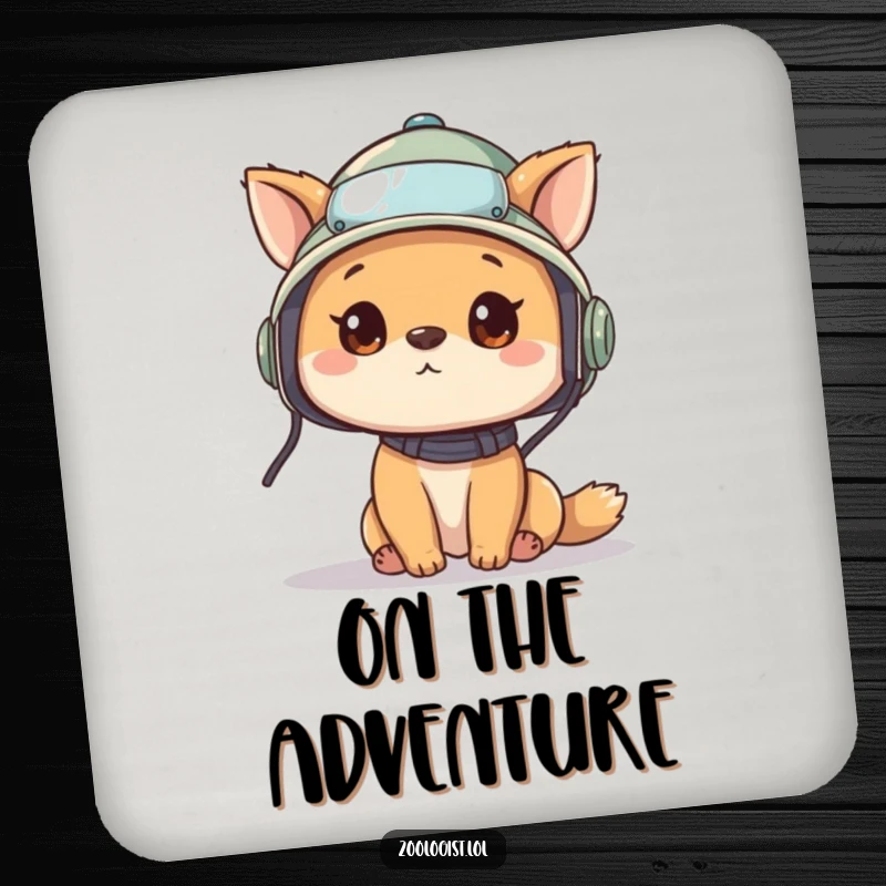 Funny drink coaster with a cute animal character in a pith helmet, looking around curiously, embodying adventure and adding a touch of humor.