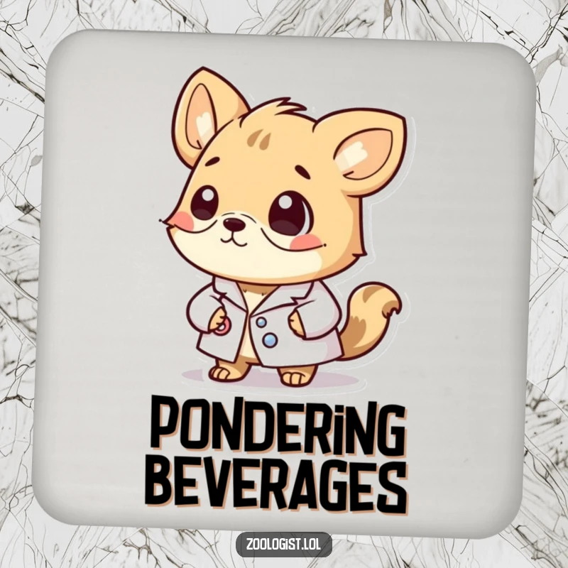 Funny drink coaster featuring a cute animal character in a lab coat, looking thoughtfully intelligent and contemplating science.