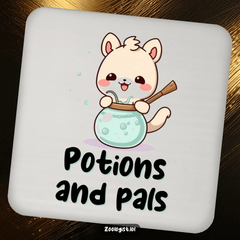 Funny Cute Animal Coaster Happily Stirring a Bubbling Potion, Charming and Humorous Tabletop Decor.
