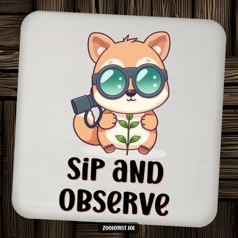 Funny cute animal zoologist with oversized binoculars looking at a tiny plant, protective drink coaster, nature humor, perfect funny gift.
