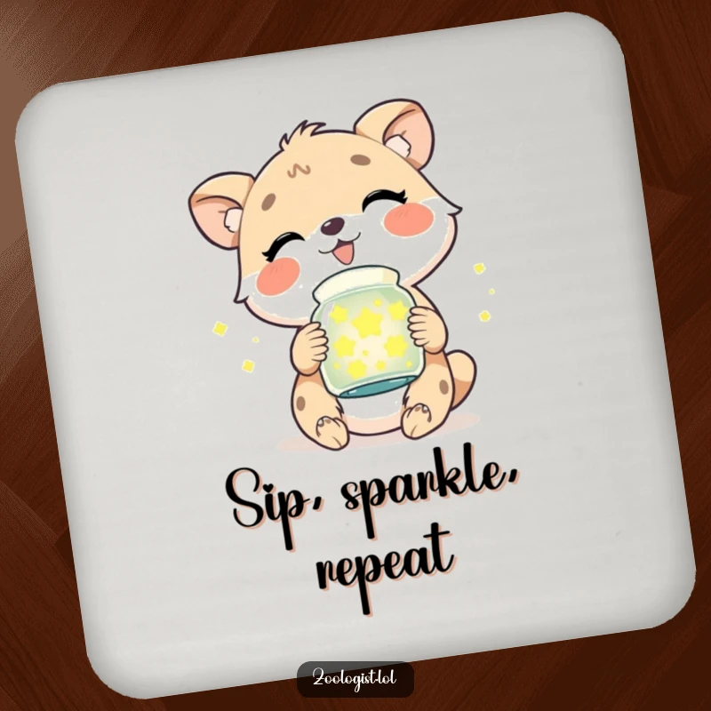 Funny drink coaster with a cute animal character mid-giggle, holding a small jar filled with tiny, glowing fireflies.