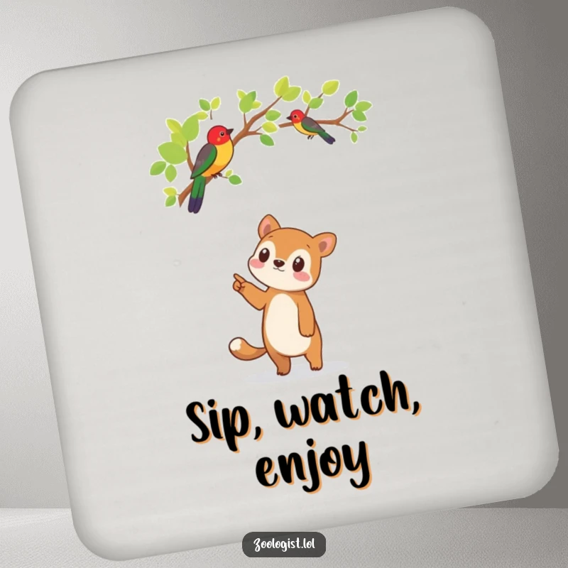 Funny drink coaster with a cute animal character pointing upwards at a colorful bird perched on a tree branch.