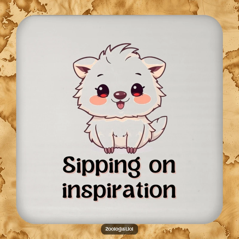 Funny drink coaster featuring a cute animal artist delightedly sketching a strange, peculiar, yet captivating creature.