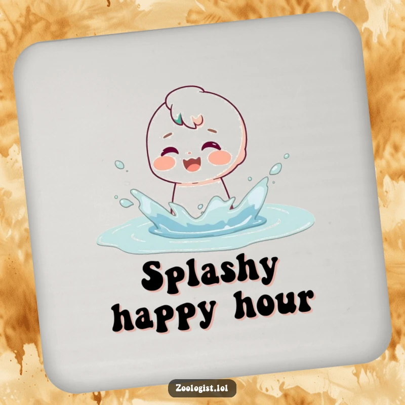 Funny drink coaster depicting a character gleefully splashing in a puddle, their face showing a deeply satisfied and happy smile.