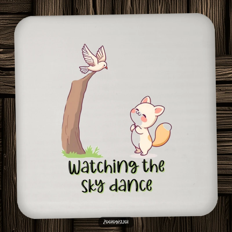 Funny drink coaster featuring a cute animal character joyfully observing a bird in flight, adding a touch of serene charm to any table.
