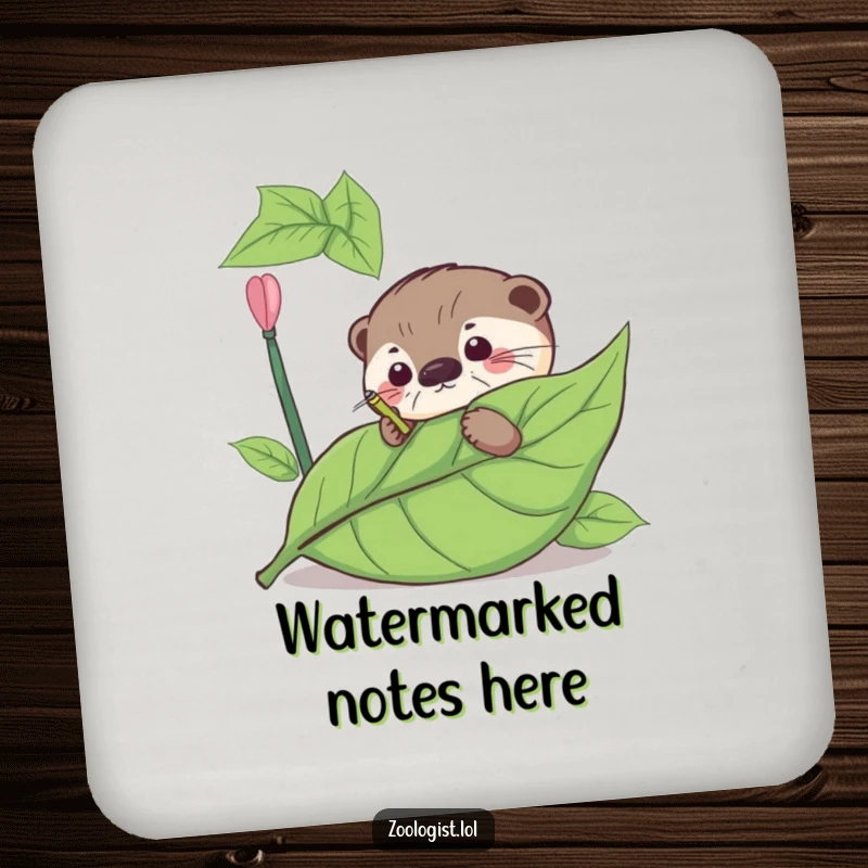Funny coaster set with a curious otter meticulously annotating a giant leaf, adding scholarly decor.