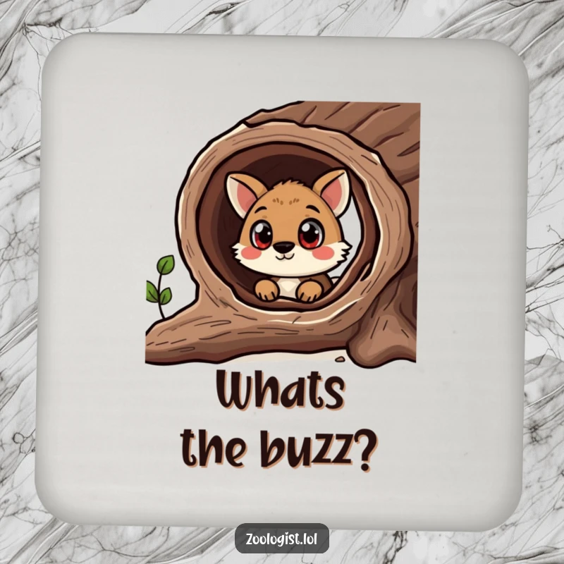 Funny drink coaster depicting a curious animal peering into a hollow log, offering humorous protection for tables.