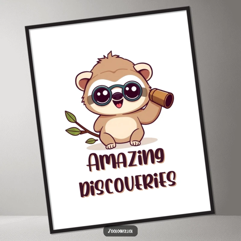Funny happy Kawaii sloth zoologist character wearing binoculars, looking amazed, beautiful nature art print, funny gift.