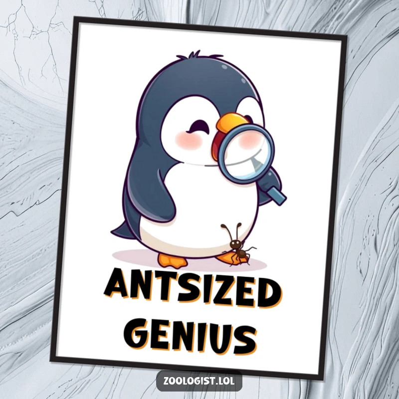 Funny poster of an excited penguin peering through a magnifying glass at a tiny ant, adding a humorous focus.