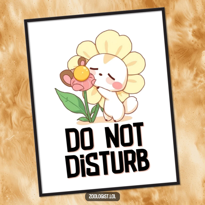 Funny poster showcasing a curious animal character gently poking a giant sleepy flower, creating a serene yet humorous wall art piece.