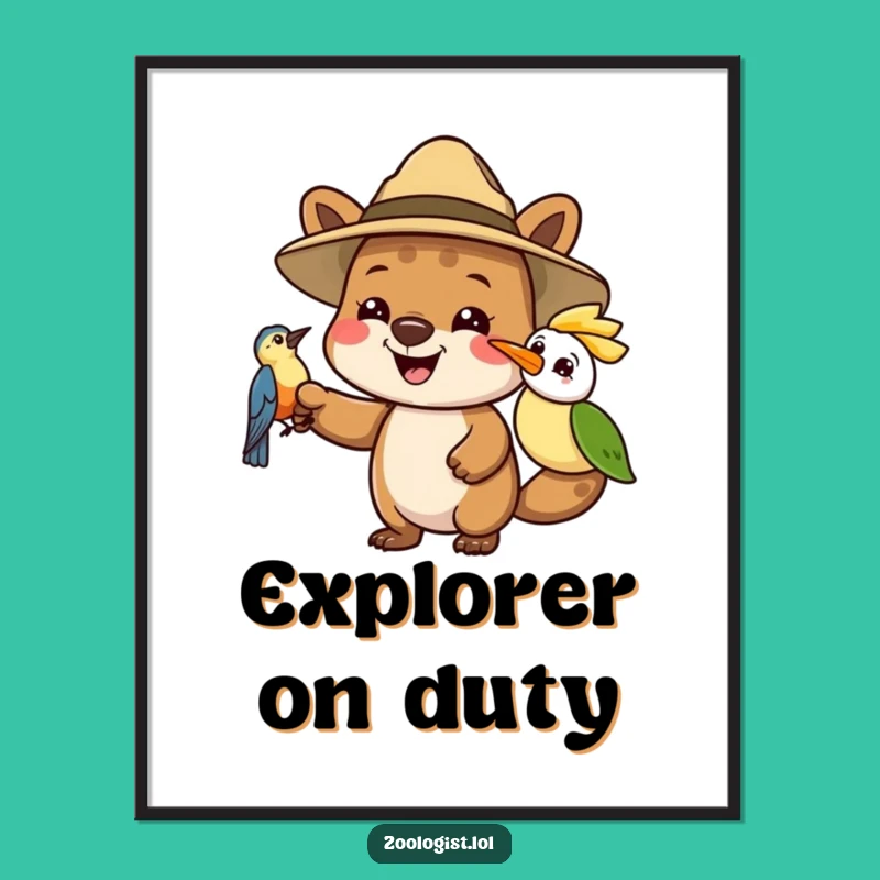 Funny Safari Art Print - Joyful Animal Explorer & Bird, Whimsical Wall Decor Gift