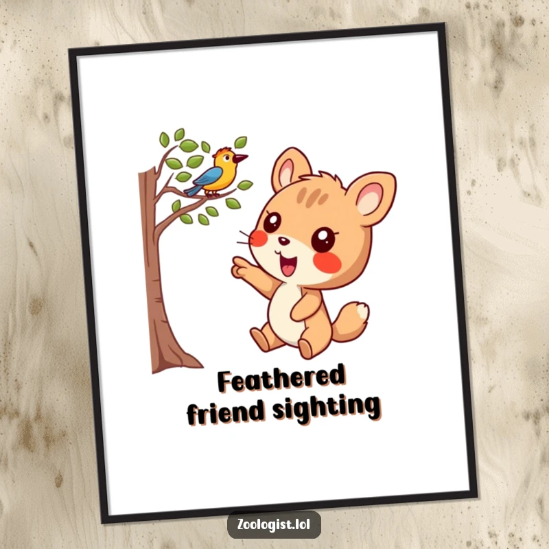 Funny Poster: Joyful animal character pointing excitedly at a bird in a tree, creating a scene of pure, happy discovery.