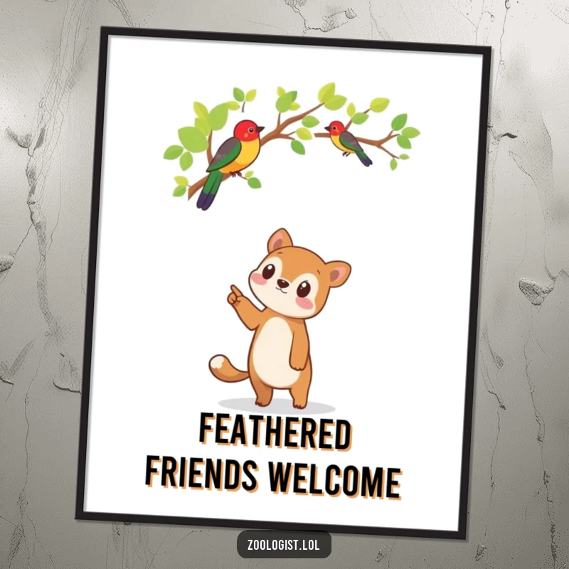 Funny wall art poster of a cute animal character pointing with awe at a vibrant, exotic bird perched high on a tree.