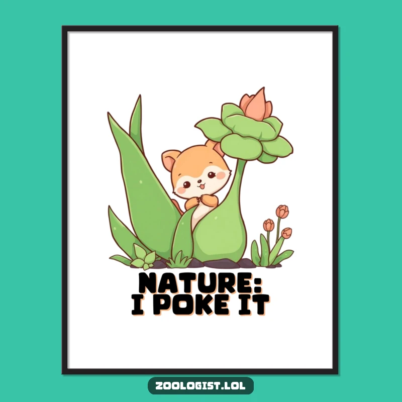 Funny Animal Poking Plant Poster - Cute Art Print for Amusing Wall Decor