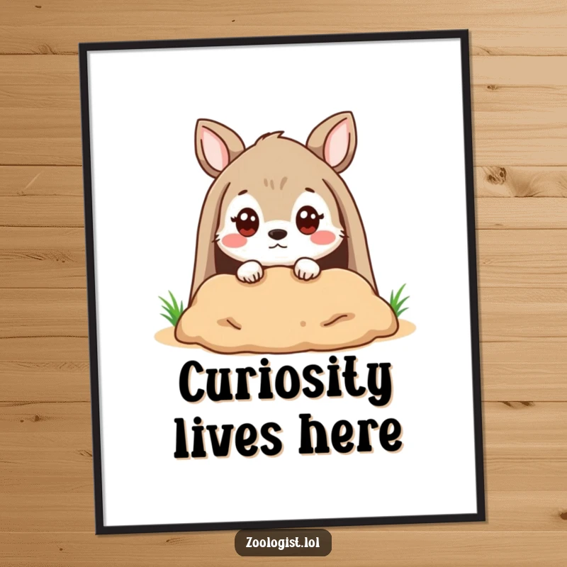 Funny Poster: Cute animal character peering into a burrow with a quizzical expression, embodying deep curiosity and inquiry.