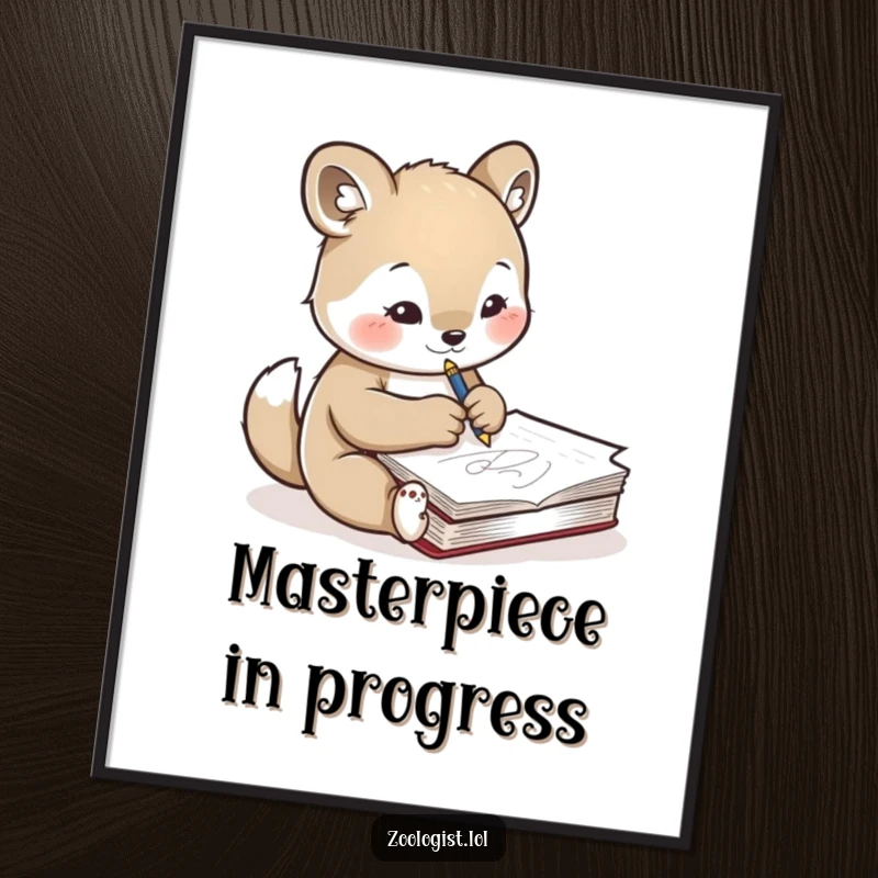 Funny poster of a cute animal character concentrating deeply while sketching another animal in a notebook, capturing the essence of artistic focus.