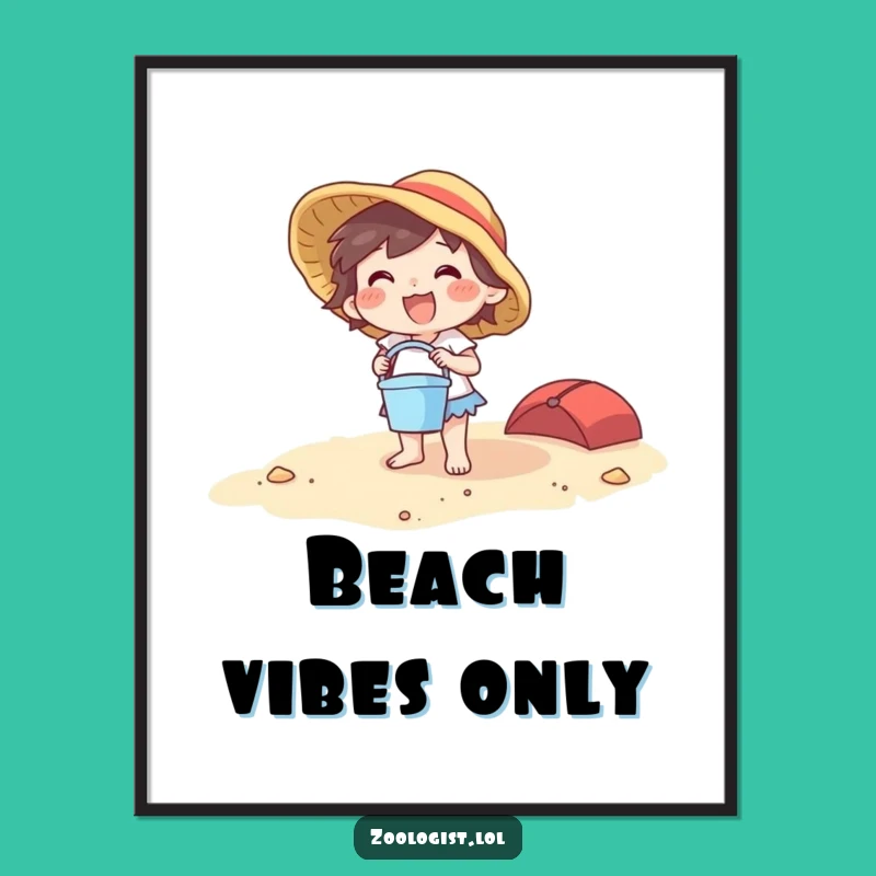 Funny Beach Character Poster: Joyful Bucket & Spade Art, Gift for Coastal Decor