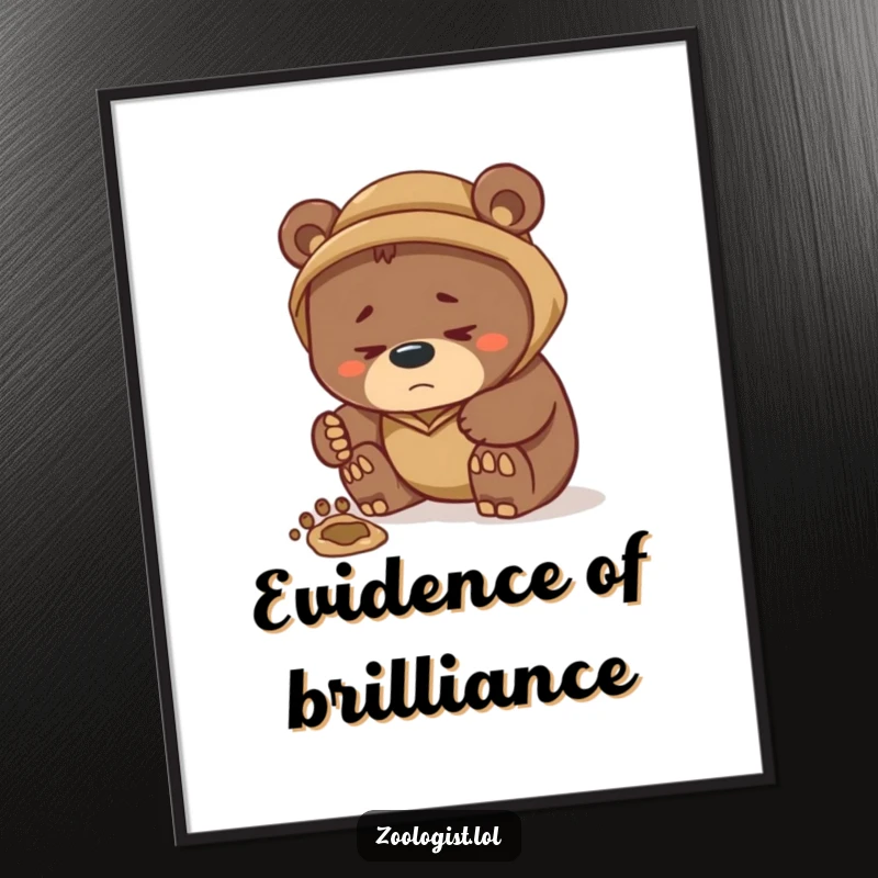 Funny poster of a serious bear zoologist concentrating on a magnified footprint, capturing a humorous moment of scientific deduction and wilderness exploration.