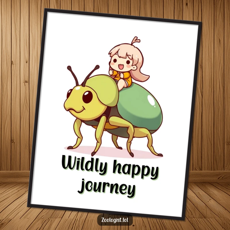 Funny Beetle Rider Poster: Character joyfully rides a massive, friendly beetle, creating a scene of whimsical adventure and pure happiness.