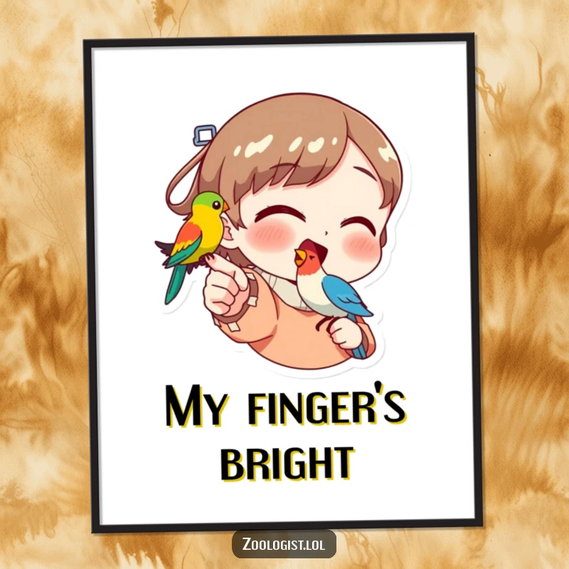 Funny poster illustrating a character joyfully pointing at a spectacular, colorful bird perched delicately on their finger, full of excitement.