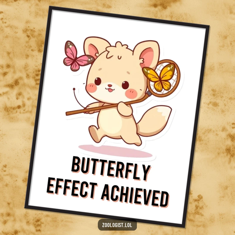 Funny poster of a cute animal character energetically chasing a colorful butterfly with a net, capturing a moment of pure, unadulterated fun.