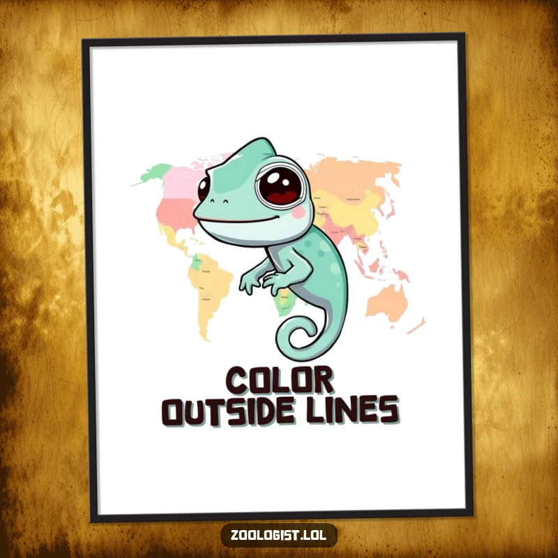 Funny chameleon poster showcasing a happy chameleon expertly camouflaged against a vibrant, detailed world map, perfect for decor.