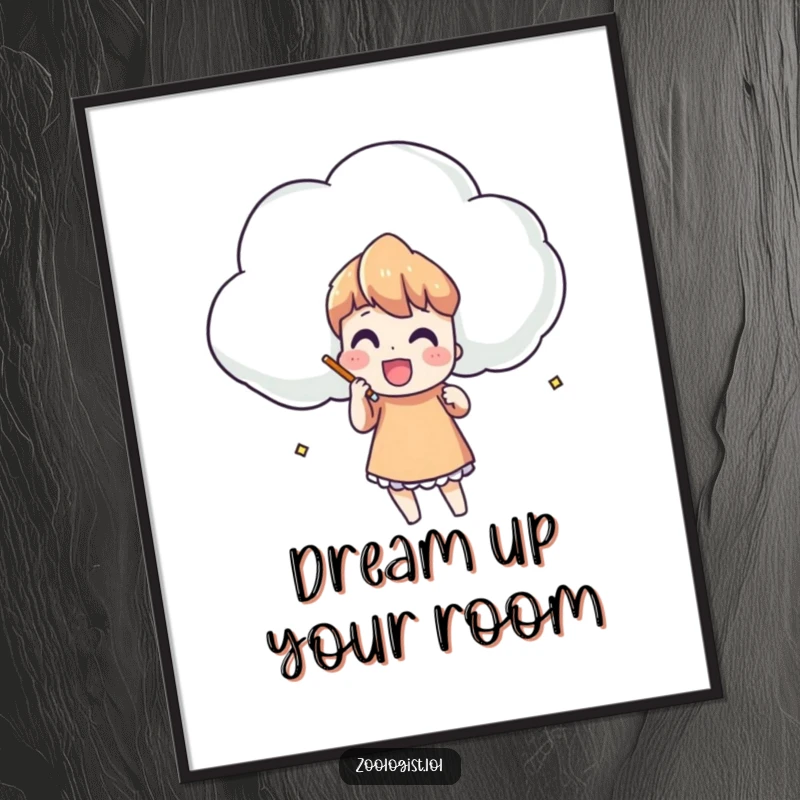 Funny poster art showing a character enthusiastically sketching a large, oddly shaped cloud, perfect for wall decor.