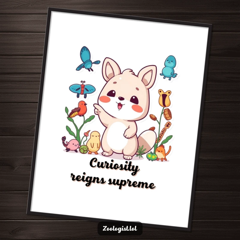 Funny poster featuring a cute animal character excitedly pointing at a collection of diverse specimens, showcasing collector's excitement.