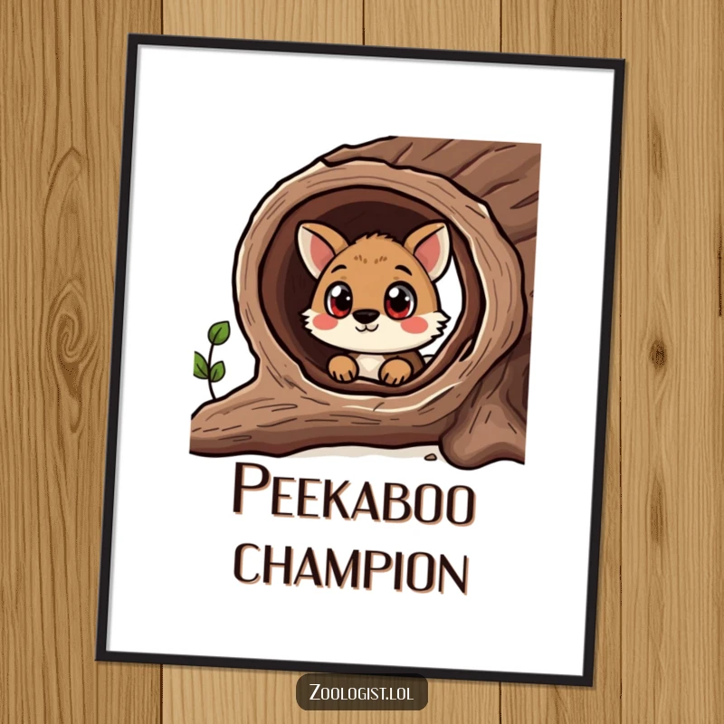 Funny poster art of a curious animal with wide eyes peeking into a hollow log, creating a humorous and intriguing visual.