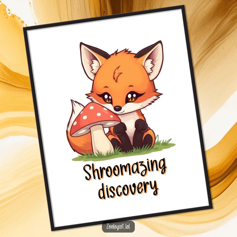 Funny fox poster showcasing a curious fox examining a mushroom, adding a whimsical touch to any room decor.