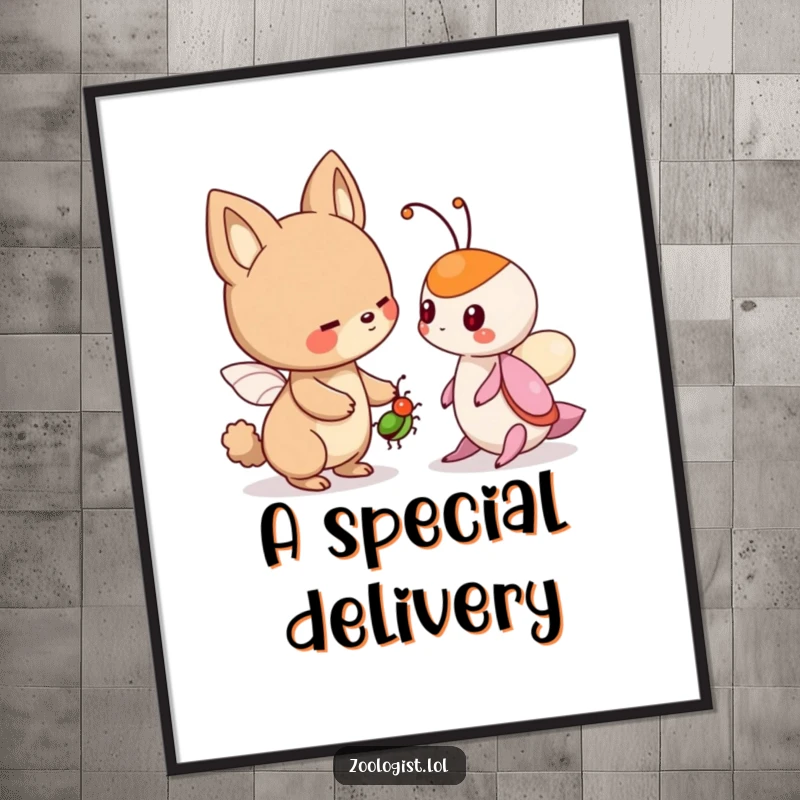 Funny poster depicting a cute animal character offering a friendly bug to another creature, celebrating friendship and kindness humorously.