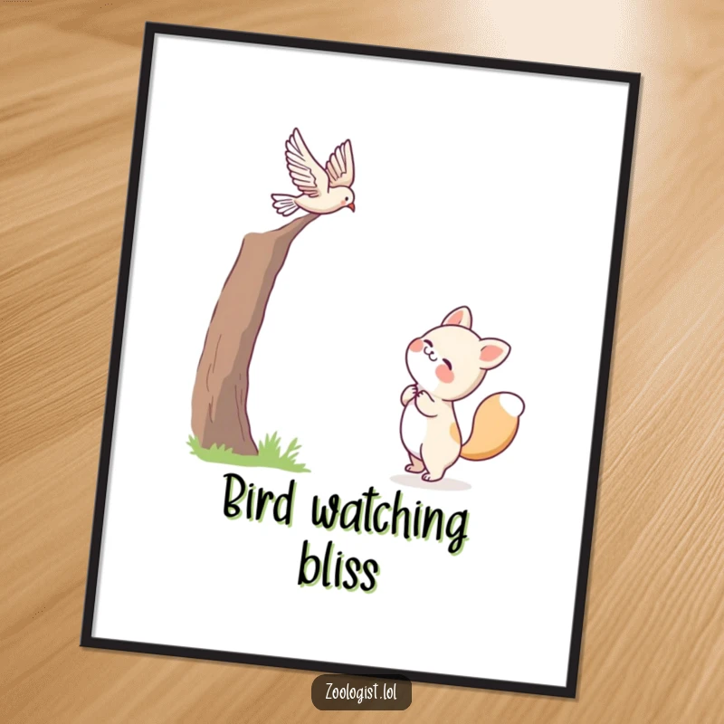 Funny poster featuring a cute animal character joyfully watching a bird in flight, perfect for adding a touch of natural wonder.