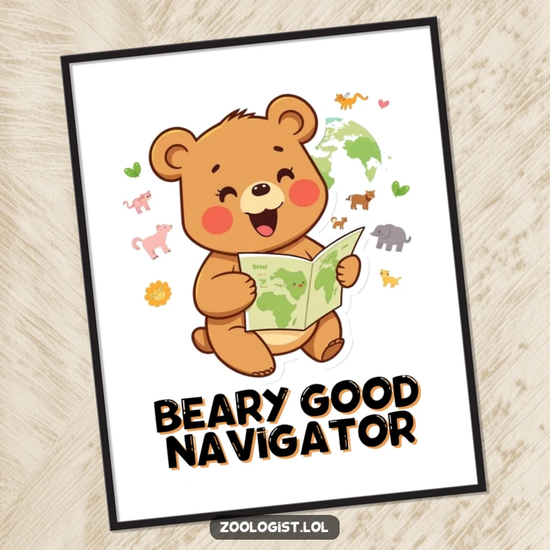 Funny poster featuring a joyful bear character enthusiastically studying a map of animal habitats, humorous decor.