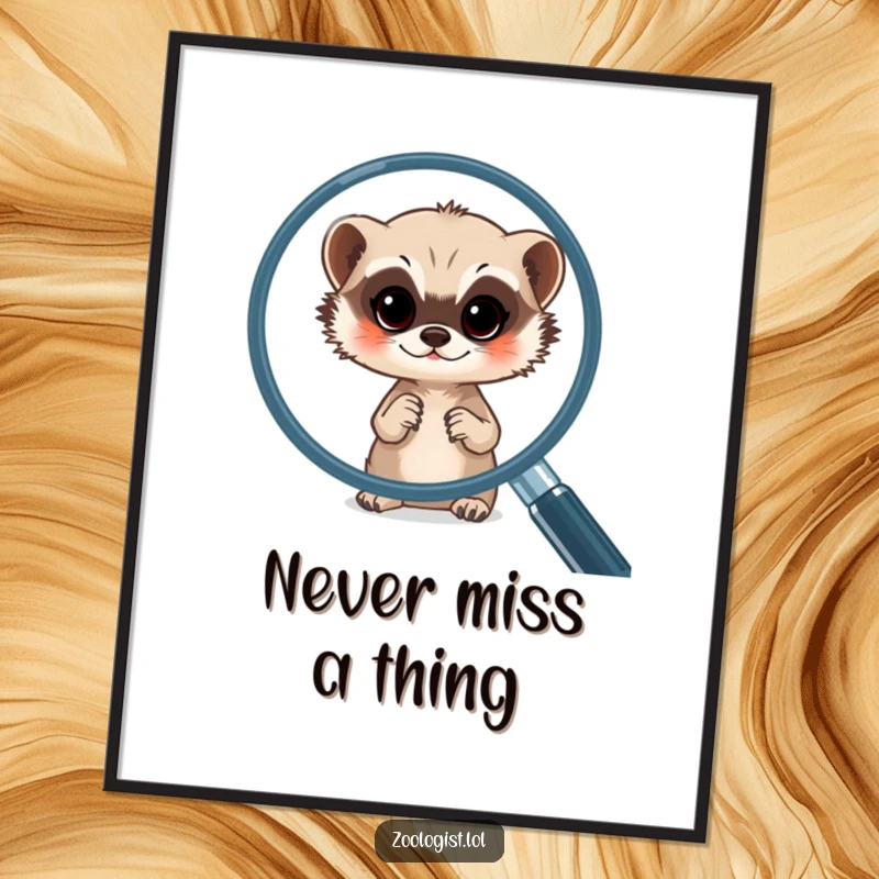 Funny meerkat poster featuring a small meerkat intensely peeking through a large magnifying glass, highlighting its investigative spirit.