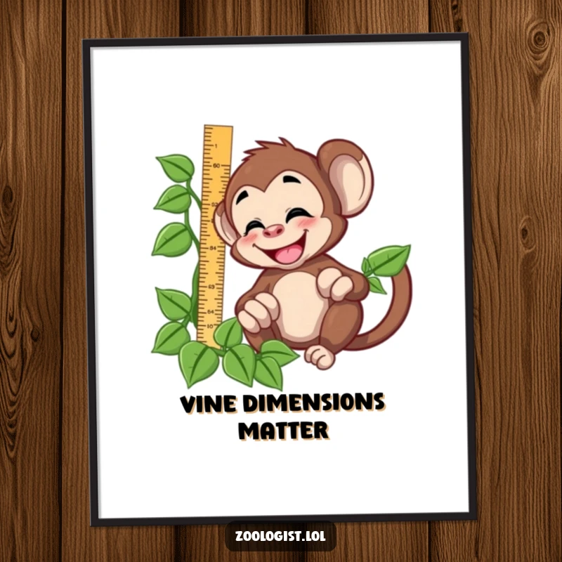 Funny giggling monkey character trying to measure a vine with a ruler, humorous wall art for jungle-themed spaces.