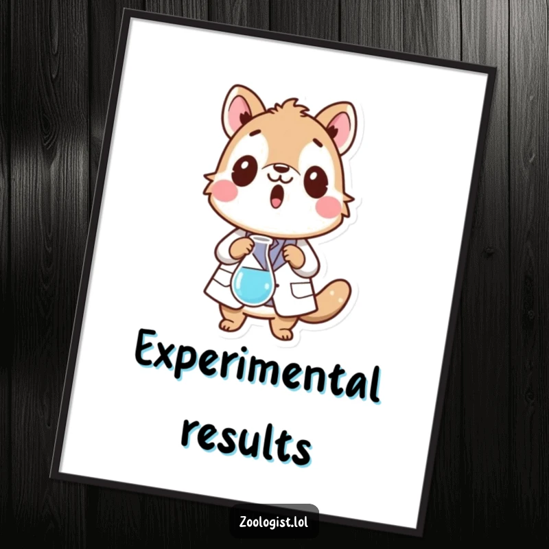 Funny poster depicting a surprised animal character in a lab coat dropping a beaker, celebrating scientific oops with humor.