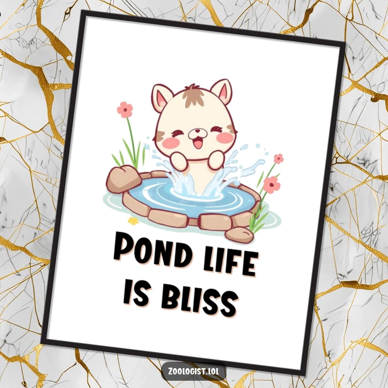 Funny wall art poster of a cute animal character gleefully splashing water from a small pond, with a joyful expression.