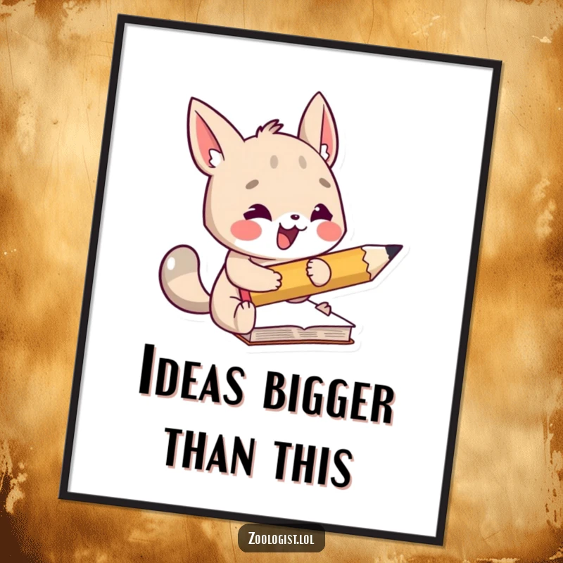 Funny poster featuring an animal character enthusiastically taking notes with a comically large pencil, perfect for humorous wall decor.