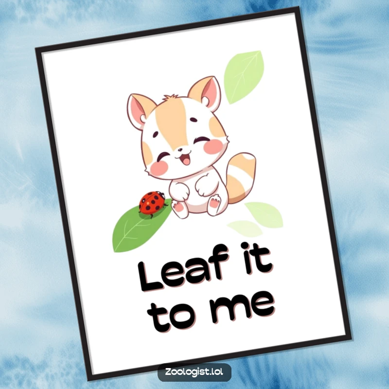 Funny poster depicting a cute animal character with wide eyes, gleefully examining a detailed ladybug on a leaf, capturing a moment of pure wonder.