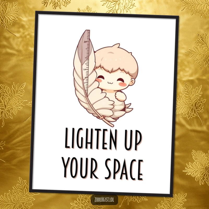 Funny poster art depicting a character with a tape measure, humorously assessing the size of a giant feather.