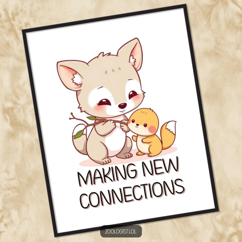 Funny Poster: Curious animal character gently nudges a small creature with a twig, creating a sweet, humorous scene.