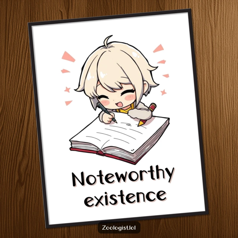 Funny poster displaying a character excitedly scribbling furiously in a large notebook, an artistic and humorous gift for writers.