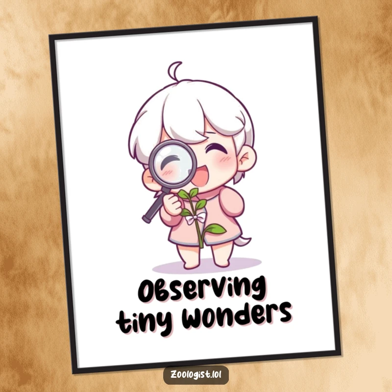 Funny poster displaying a character joyfully examining a plant with a magnifying glass, an artistic and humorous gift for plant lovers.